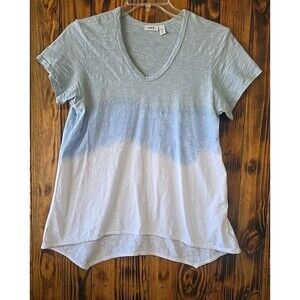 WILT Blue and White Dip-Dye Women's Short Sleeve Ombre V-neck T-shirt, Medium